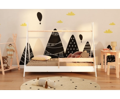 Łóżko domek dla dziecka z barierką i stelażem TIPI Montessori Drewniane