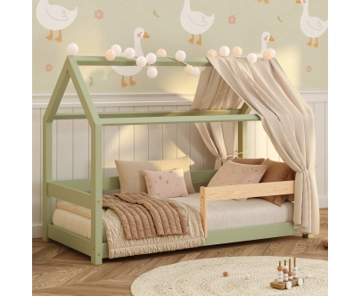 Łóżko domek dla dziecka z barierką i stelażem MILO Montessori Drewniane