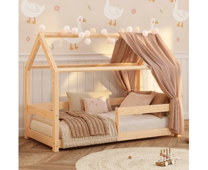 Łóżko domek dla dziecka z barierką i stelażem MILO Montessori Drewniane