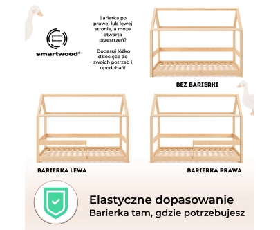 Łóżko domek dla dziecka z barierką i stelażem MILO Montessori Drewniane