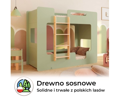 Łóżko piętrowe dla dzieci z barierkami i stelażem MIMI B Montessori Drewniane