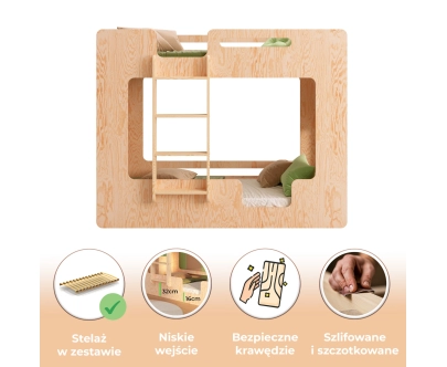 Łóżko piętrowe dla dzieci z barierkami i stelażem MIMI B Montessori Drewniane