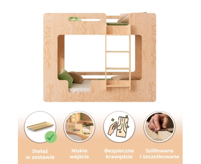 Łóżko piętrowe dla dzieci z barierkami i stelażem MIMI B Montessori Drewniane