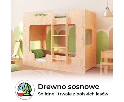 Łóżko piętrowe dla dzieci z barierkami i stelażem MIMI B Montessori Drewniane