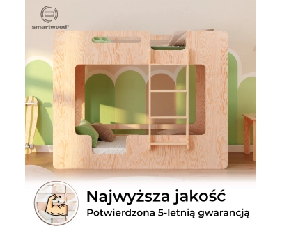 Łóżko piętrowe dla dzieci z barierkami i stelażem MIMI B Montessori Drewniane
