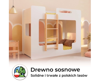 Łóżko piętrowe dla dzieci z barierkami i stelażem MIMI B Montessori Drewniane