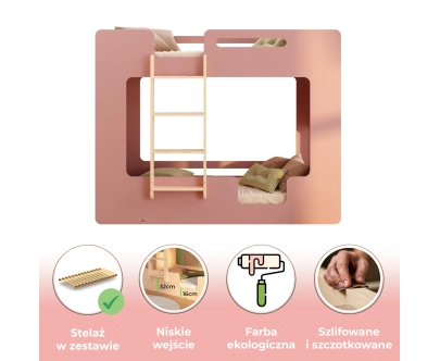 Łóżko piętrowe dla dzieci z barierkami i stelażem MIMI B Montessori Drewniane