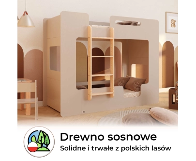 Łóżko piętrowe dla dzieci z barierkami i stelażem MIMI B Montessori Drewniane