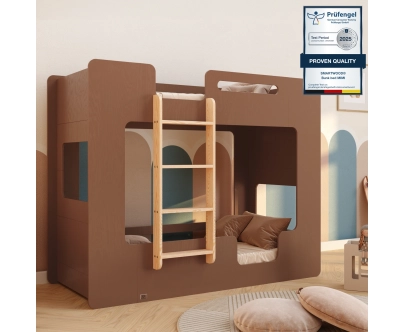 Łóżko piętrowe dla dzieci z barierkami i stelażem MIMI B Montessori Drewniane