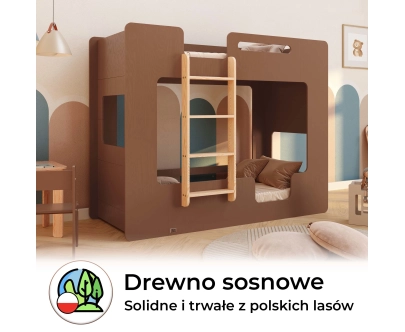 Łóżko piętrowe dla dzieci z barierkami i stelażem MIMI B Montessori Drewniane