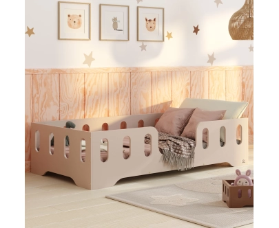Łóżko pojedyncze dla dzieci z barierką i stelażem TILA 2 Montessori Drewniane