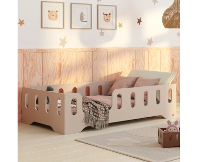 Łóżko pojedyncze dla dzieci z barierką i stelażem TILA 2 Montessori Drewniane