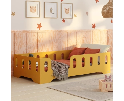 Łóżko pojedyncze dla dzieci z barierką i stelażem TILA 2 Montessori Drewniane