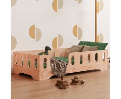 Łóżko pojedyncze dla dzieci z barierką i stelażem TILA 2 Montessori Drewniane