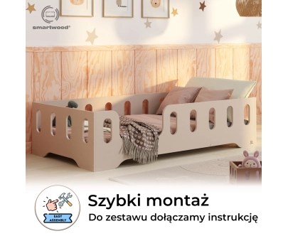 Łóżko pojedyncze dla dzieci z barierką i stelażem TILA 2 Montessori Drewniane