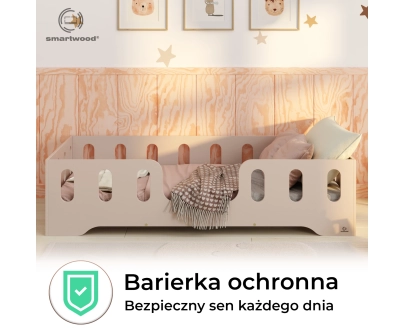 Łóżko pojedyncze dla dzieci z barierką i stelażem TILA 2 Montessori Drewniane
