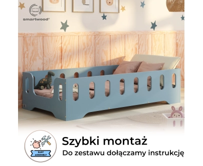 Łóżko pojedyncze dla dzieci z barierką i stelażem TILA 2 Montessori Drewniane