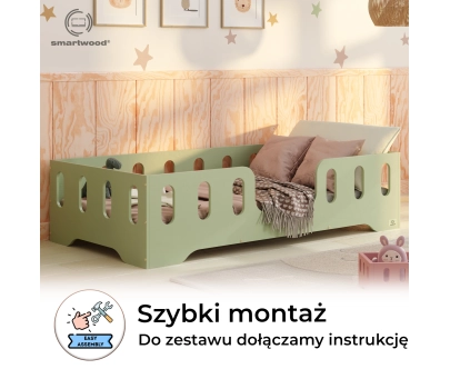 Łóżko pojedyncze dla dzieci z barierką i stelażem TILA 2 Montessori Drewniane