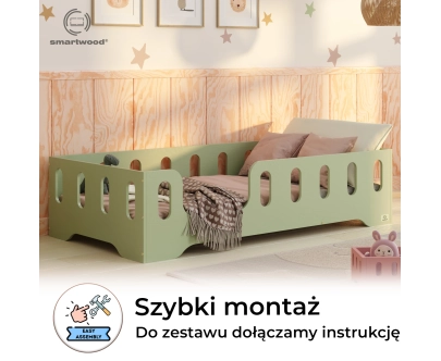 Łóżko pojedyncze dla dzieci z barierką i stelażem TILA 2 Montessori Drewniane