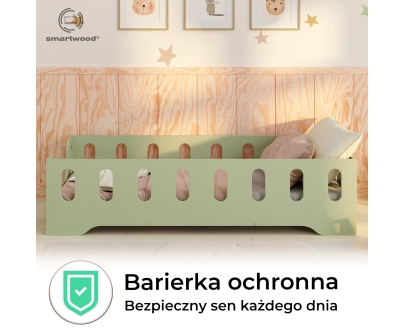 Łóżko pojedyncze dla dzieci z barierką i stelażem TILA 2 Montessori Drewniane