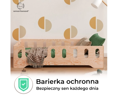 Łóżko pojedyncze dla dzieci z barierką i stelażem TILA 2 Montessori Drewniane