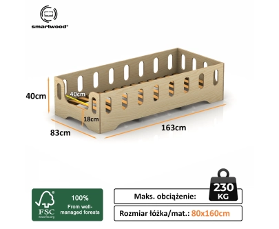 Łóżko pojedyncze dla dzieci z barierką i stelażem TILA 2 Montessori Drewniane
