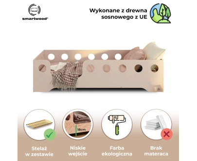 Łóżko pojedyncze dla dzieci z barierką i stelażem TILA 4 Montessori Drewniane