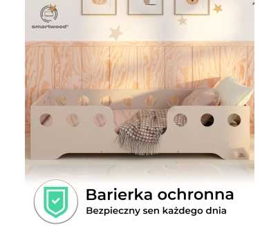 Łóżko pojedyncze dla dzieci z barierką i stelażem TILA 4 Montessori Drewniane