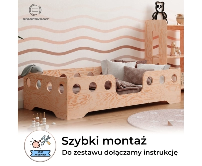 Łóżko pojedyncze dla dzieci z barierką i stelażem TILA 4 Montessori Drewniane