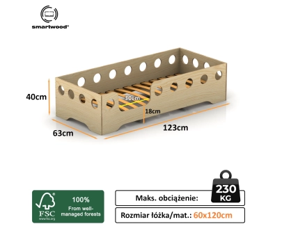Łóżko pojedyncze dla dzieci z barierką i stelażem TILA 4 Montessori Drewniane
