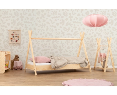 Łóżko domek dla dziecka z barierką i stelażem TIPI Montessori Drewniane