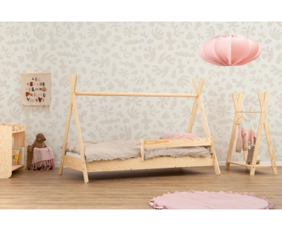 Łóżko domek dla dziecka z barierką i stelażem TIPI Montessori Drewniane