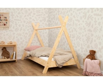 Łóżko domek dla dziecka z barierką i stelażem TIPI Montessori Drewniane