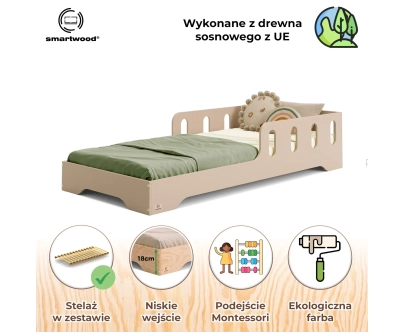 Łóżko pojedyncze dla dzieci z barierką i stelażem TILA 6 Montessori Drewniane