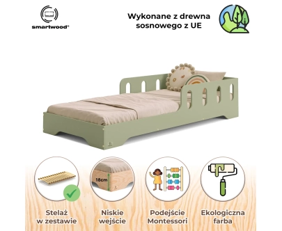 Łóżko pojedyncze dla dzieci z barierką i stelażem TILA 6 Montessori Drewniane