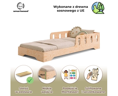 Łóżko pojedyncze dla dzieci z barierką i stelażem TILA 6 Montessori Drewniane