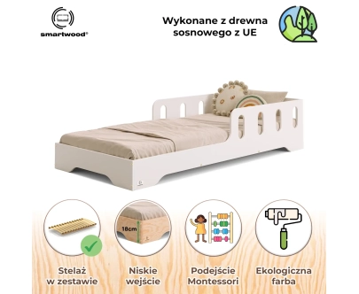 Łóżko pojedyncze dla dzieci z barierką i stelażem TILA 6 Montessori Drewniane