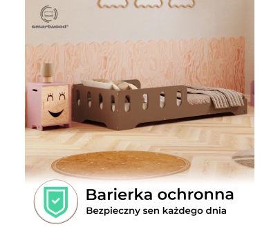 Łóżko pojedyncze dla dzieci z barierką i stelażem TILA 6 Montessori Drewniane