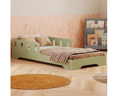 Łóżko pojedyncze dla dzieci z barierką i stelażem TILA 6 Montessori Drewniane