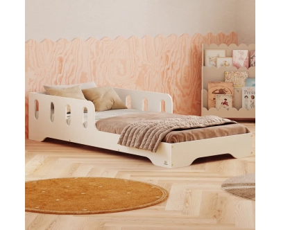 Łóżko pojedyncze dla dzieci z barierką i stelażem TILA 6 Montessori Drewniane