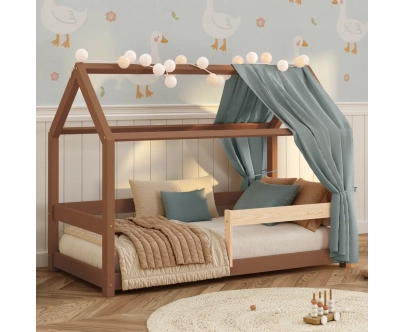 Łóżko domek dla dziecka z barierką i stelażem MILO Montessori Drewniane