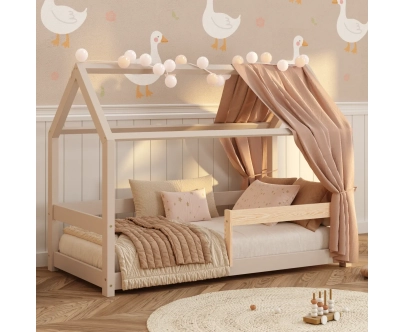 Łóżko domek dla dziecka z barierką i stelażem MILO Montessori Drewniane