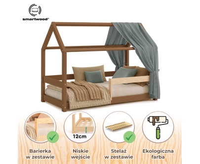 Łóżko domek dla dziecka z barierką i stelażem MILO Montessori Drewniane