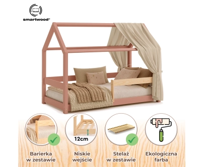 Łóżko domek dla dziecka z barierką i stelażem MILO Montessori Drewniane