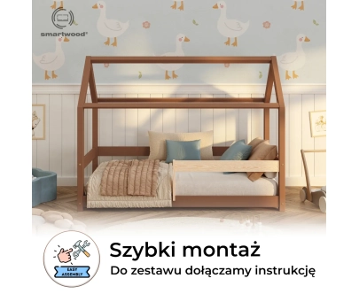 Łóżko domek dla dziecka z barierką i stelażem MILO Montessori Drewniane