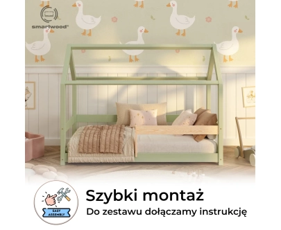 Łóżko domek dla dziecka z barierką i stelażem MILO Montessori Drewniane