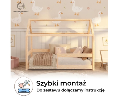 Łóżko domek dla dziecka z barierką i stelażem MILO Montessori Drewniane