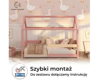 Łóżko domek dla dziecka z barierką i stelażem MILO Montessori Drewniane