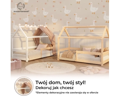 Łóżko domek dla dziecka z barierką i stelażem MILO Montessori Drewniane