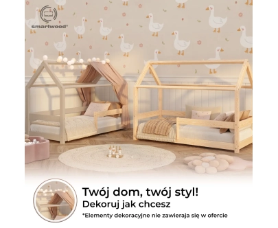 Łóżko domek dla dziecka z barierką i stelażem MILO Montessori Drewniane